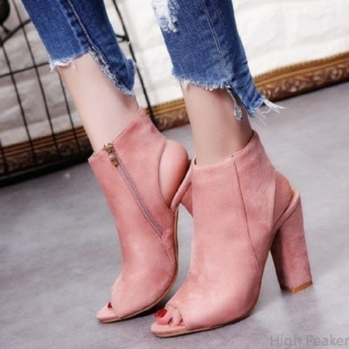 Ankle Boots Faux Suede Leather Casual Open Peep Toe High Heels Zipper