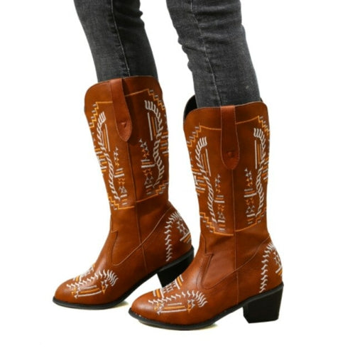 Cowboy Boots Woman Hiking Mountain Chimney Chunky Heel Boots PU