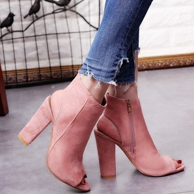 Ankle Boots Faux Suede Leather Casual Open Peep Toe High Heels Zipper